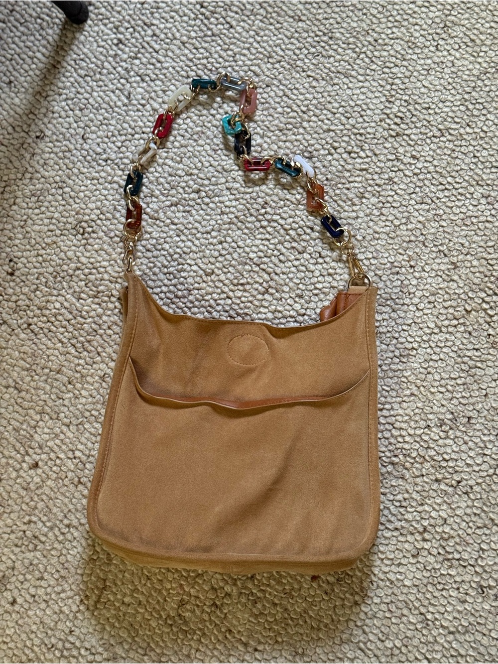 Tan Suede Shoulder Bag with Colorful Chain Strap